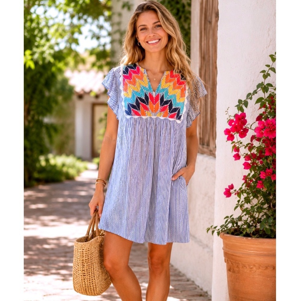 Boho Embroidered Yoke Striped Shift Dress Blue White Flutter Sleeve Sz M boho